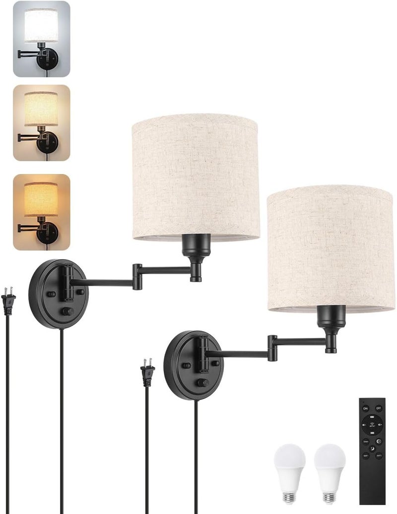 GOODATE Plug in Wall Sconces with Remote Control, Dimming 10%-100% & Adjustable Colors 2700K-6500K, Hardwire or Plug-in, Swing Arm Wall Lamp with Linen Fabric Shade, Wall Sconces Set of Two, Black Finish - Image 1